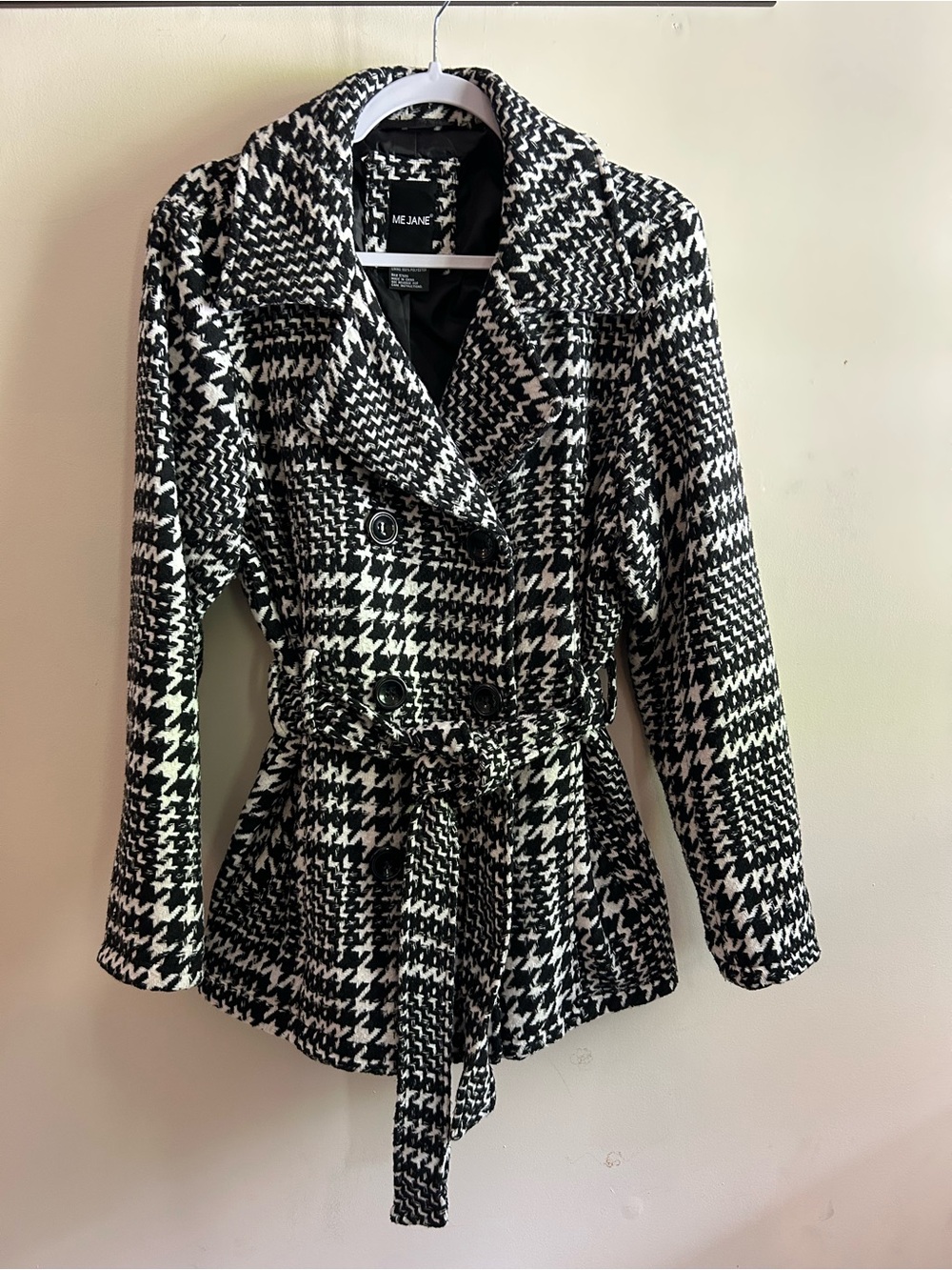 Me Jane Black & White Houndstooth Double-Breasted Pea Coat with Belt